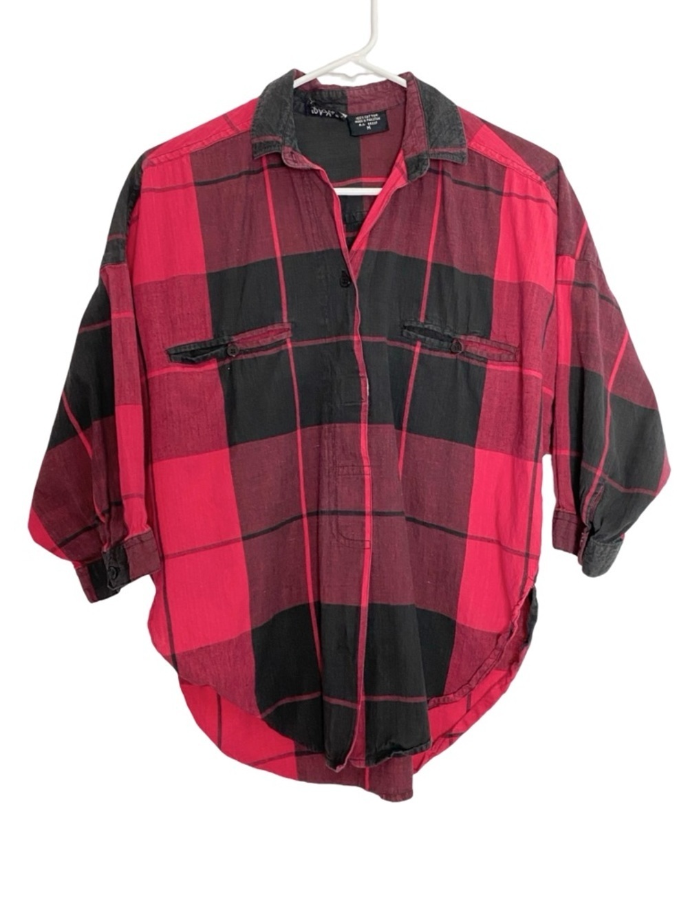 Vintage 90s Plaid Top Womens Size Medium Krazy Kat Red Black Shirt Blouse Cotton